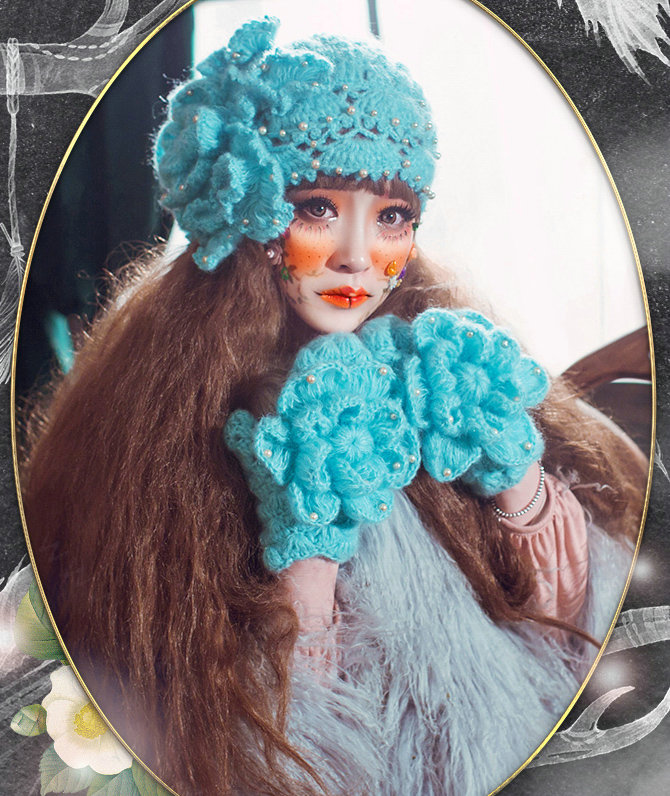 New Sweety Pearl Flower Knitted Wool Hats Girls Winter Warm Lace Beret Caps - Sky Blue