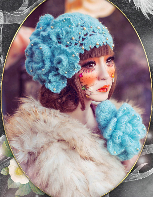 New Sweety Pearl Flower Knitted Wool Hats Girls Winter Warm Lace Beret Caps - Sky Blue