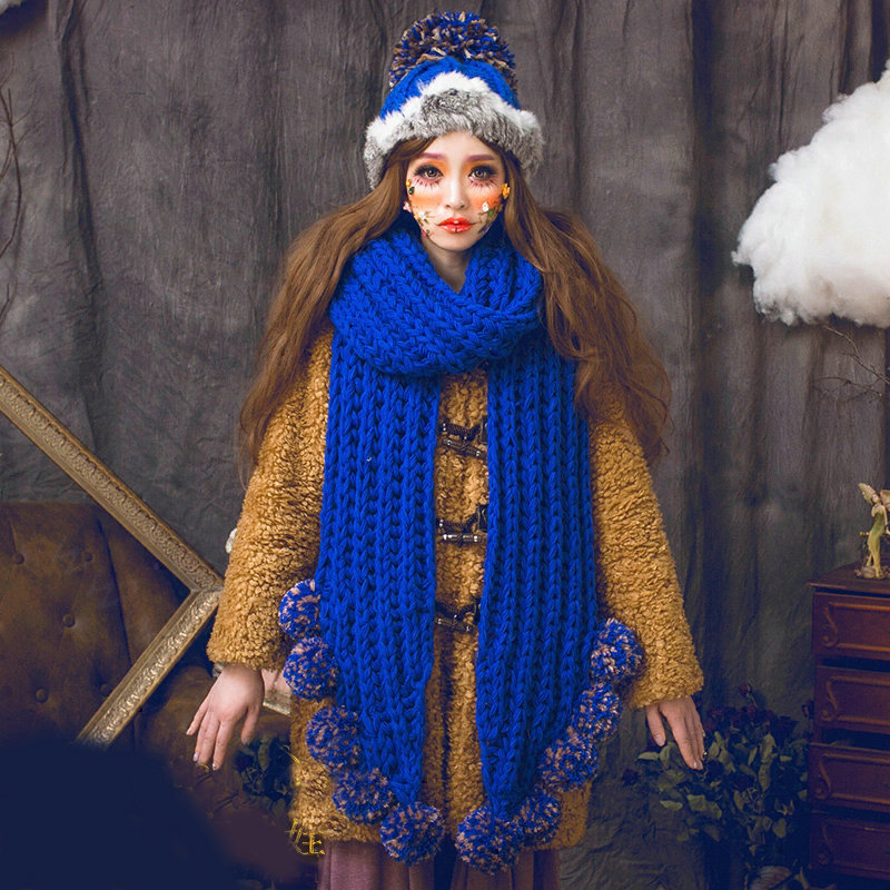 New Year Gift Rabbit Fur Pom Poms Knitted Wool Hats Winter Warm Beanies Caps - Blue