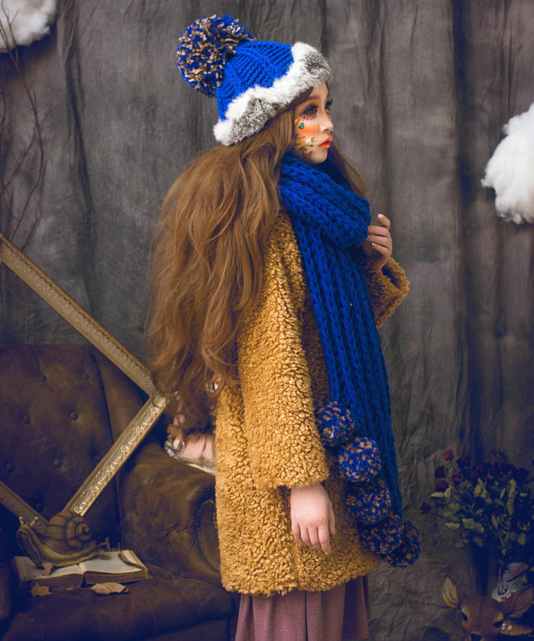 New Year Gift Rabbit Fur Pom Poms Knitted Wool Hats Winter Warm Beanies Caps - Blue