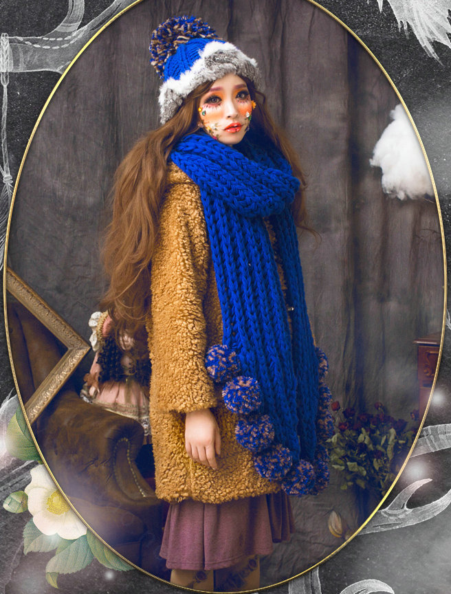 New Year Gift Rabbit Fur Pom Poms Knitted Wool Hats Winter Warm Beanies Caps - Blue