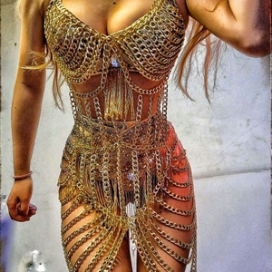 Newest Full Body Chain Nightclub Showgirl Sexy Halter Bra Lingerie Long Necklace Jewelry - Gold