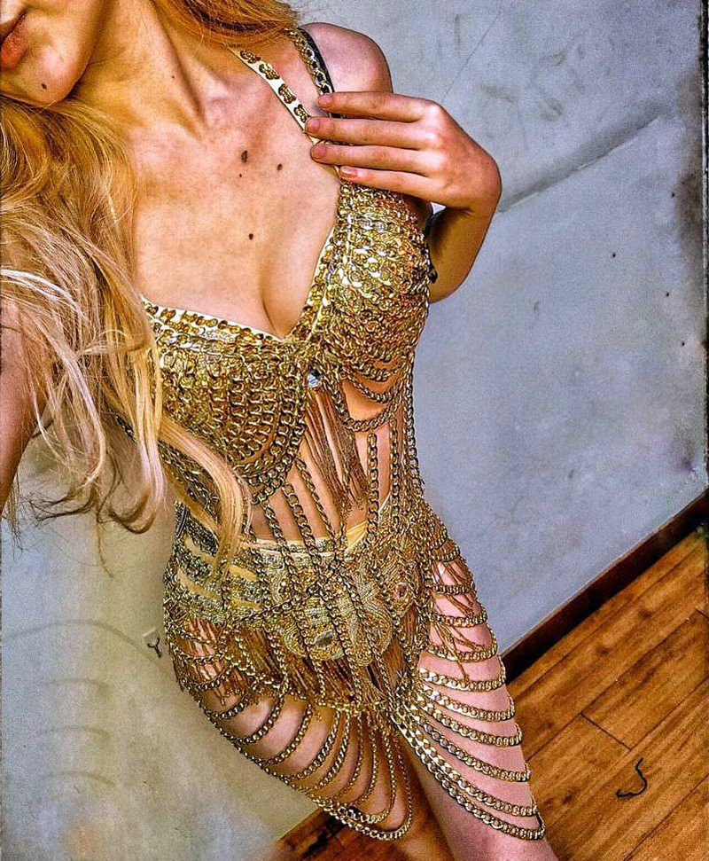 Newest Full Body Chain Nightclub Showgirl Sexy Halter Bra Lingerie Long Necklace Jewelry - Sliver