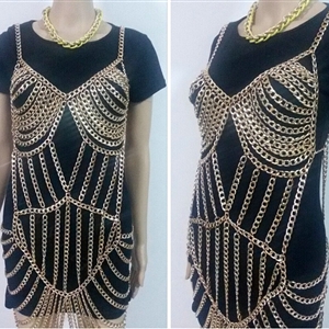 Newest Full Body Chain Nightclub Showgirl Sexy Halter Bra Lingerie Long Necklace Jewelry - Sliver