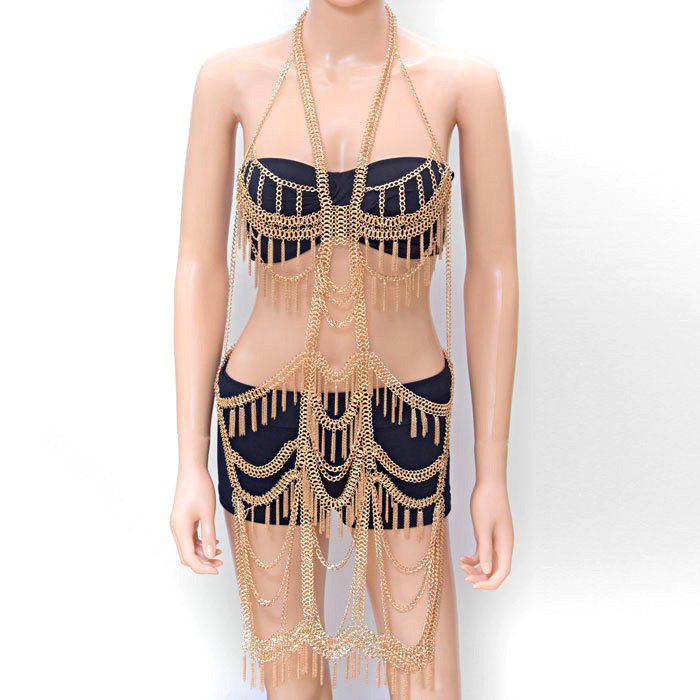 Oversized Full Body Chain Harness Slave Necklace Halter Belly Dancer Jewelry - Gold