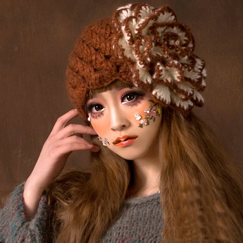 Princess Sweet Girls Knitted Wool Hats Winter Warm Big Flower Beret Caps - Coffee White