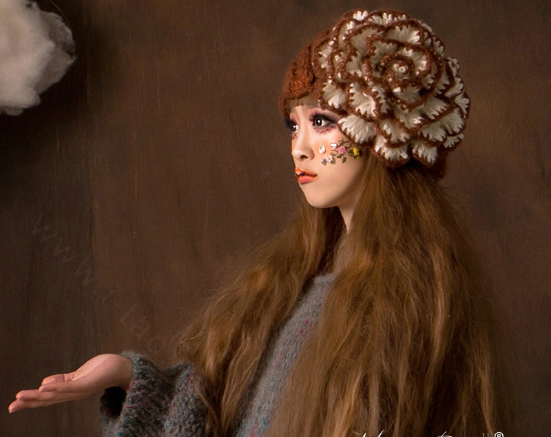 Princess Sweet Girls Knitted Wool Hats Winter Warm Big Flower Beret Caps - Coffee White
