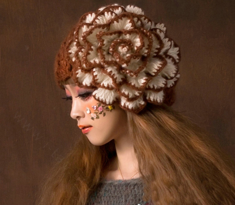 Princess Sweet Girls Knitted Wool Hats Winter Warm Big Flower Beret Caps - Coffee White