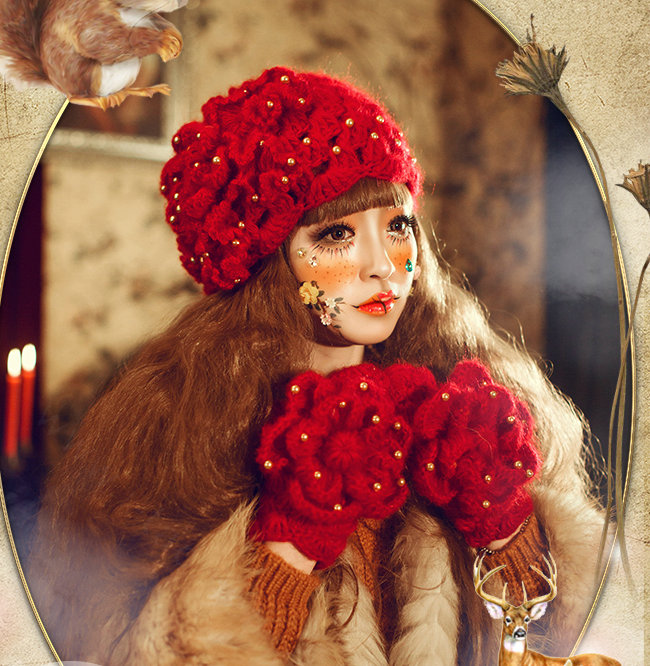 Princess Sweet Girls Knitted Wool Hats Winter Warm Curling Flower Pearl Caps Beret - Red