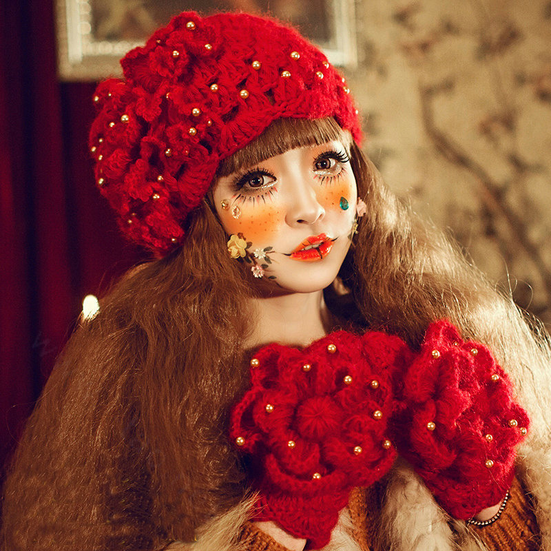 Princess Sweet Girls Knitted Wool Hats Winter Warm Curling Flower Pearl Caps Beret - Red