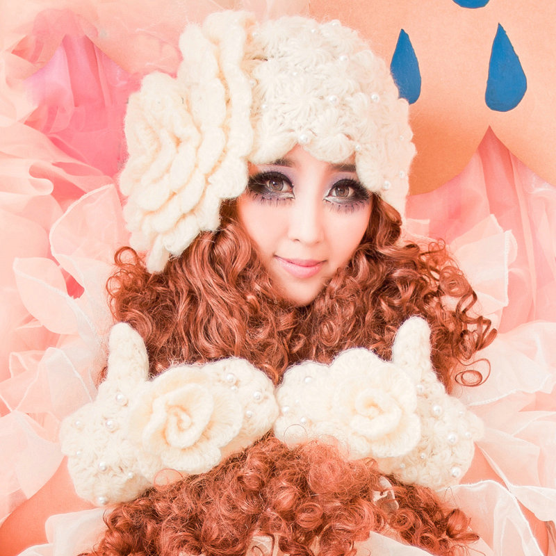 Princess Sweet Girls Knitted Wool Hats Winter Warm Flower Pearl Caps - Beige