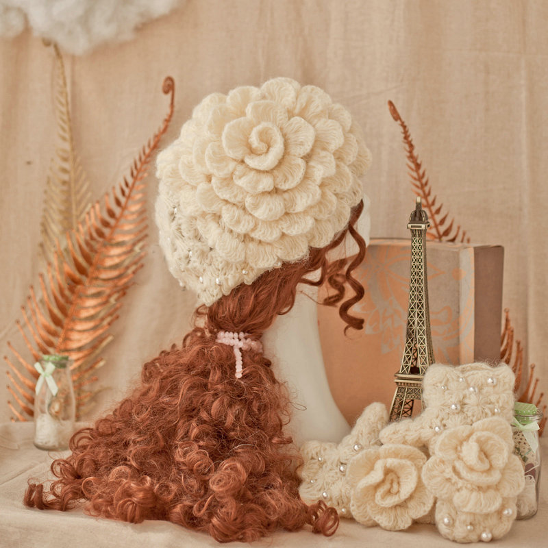 Princess Sweet Girls Knitted Wool Hats Winter Warm Flower Pearl Caps - Beige