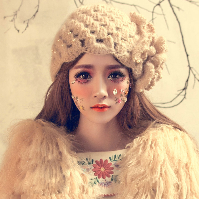 Princess Sweet Girls Knitted Wool Hats Winter Warm Flower Pearl Caps - Camel