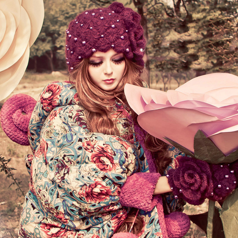 Princess Sweet Girls Knitted Wool Hats Winter Warm Flower Pearl Caps - Purple
