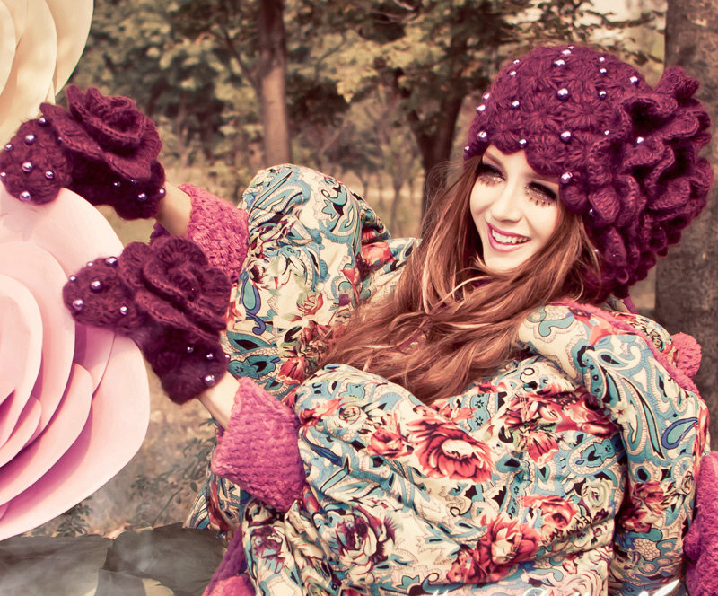 Princess Sweet Girls Knitted Wool Hats Winter Warm Flower Pearl Caps - Purple