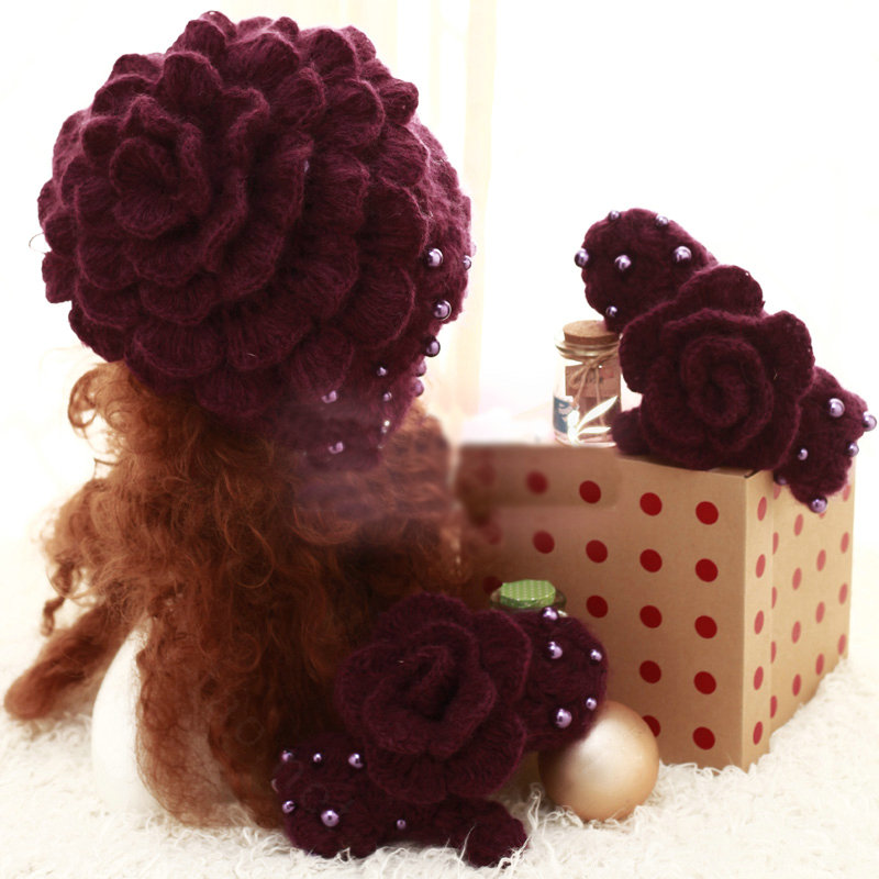 Princess Sweet Girls Knitted Wool Hats Winter Warm Flower Pearl Caps - Purple