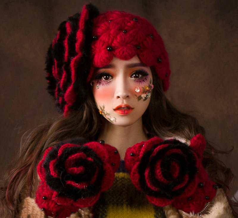 Princess Sweet Girls Knitted Wool Hats Winter Warm Flower Pearl Caps - Red Black