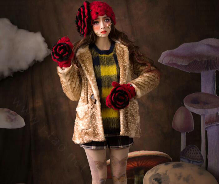 Princess Sweet Girls Knitted Wool Hats Winter Warm Flower Pearl Caps - Red Black
