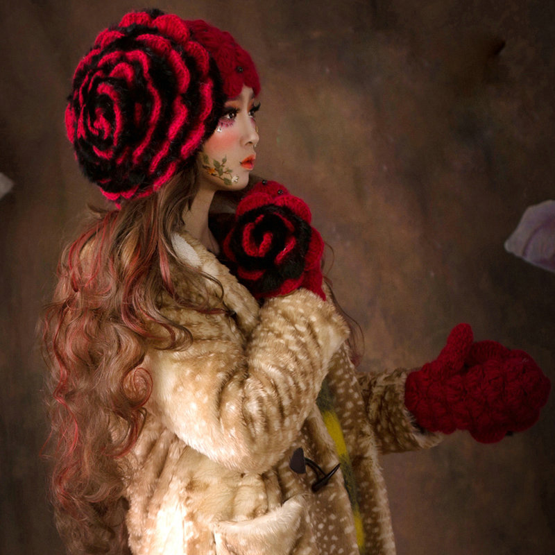 Princess Sweet Girls Knitted Wool Hats Winter Warm Flower Pearl Caps - Red Black