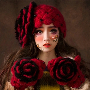Princess Sweet Girls Knitted Wool Hats Winter Warm Flower Pearl Caps - Red Black