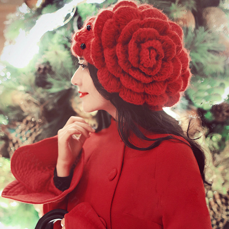 Princess Sweet Girls Knitted Wool Hats Winter Warm Flower Pearl Caps - Red