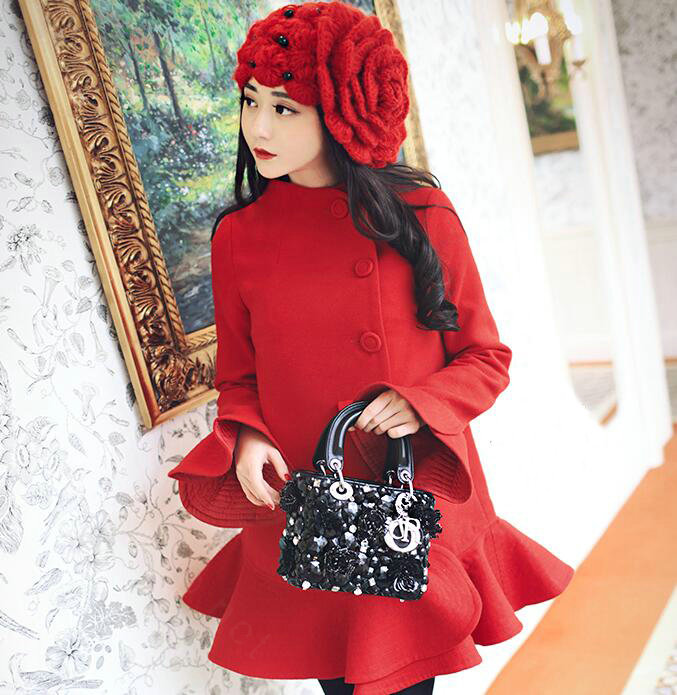 Princess Sweet Girls Knitted Wool Hats Winter Warm Flower Pearl Caps - Red