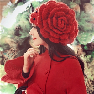 Princess Sweet Girls Knitted Wool Hats Winter Warm Flower Pearl Caps - Red