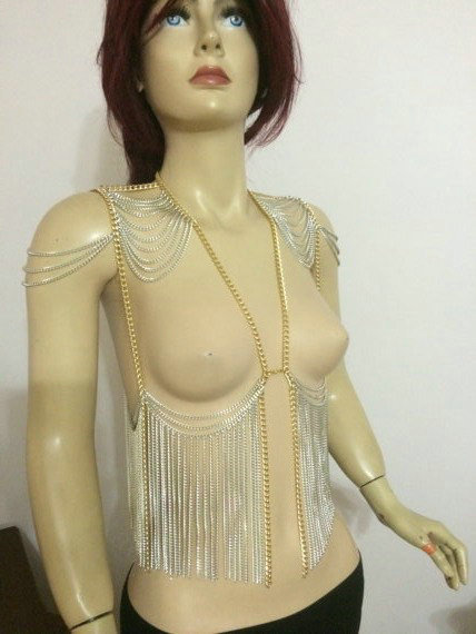 Punk Body Chain Slave Harness Waist Tassel Chain Bra Shoulder Necklace Jewelry - Sliver