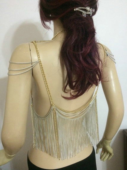 Punk Body Chain Slave Harness Waist Tassel Chain Bra Shoulder Necklace Jewelry - Sliver