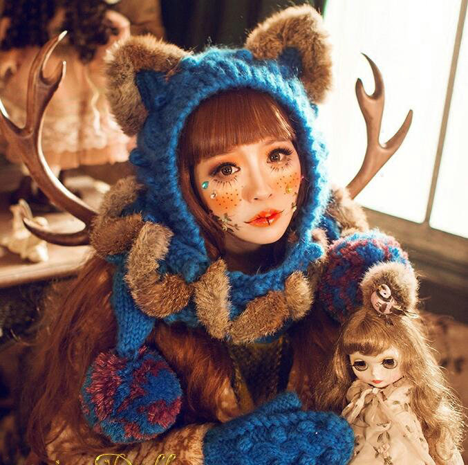 Retro Cat Ears Knitted Wool Caps Hats Women Long Rabbit Fur Ball Bib Hooded Scarf - Blue