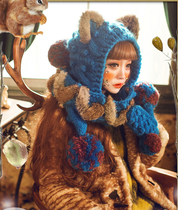 Retro Cat Ears Knitted Wool Caps Hats Women Long Rabbit Fur Ball Bib Hooded Scarf - Blue