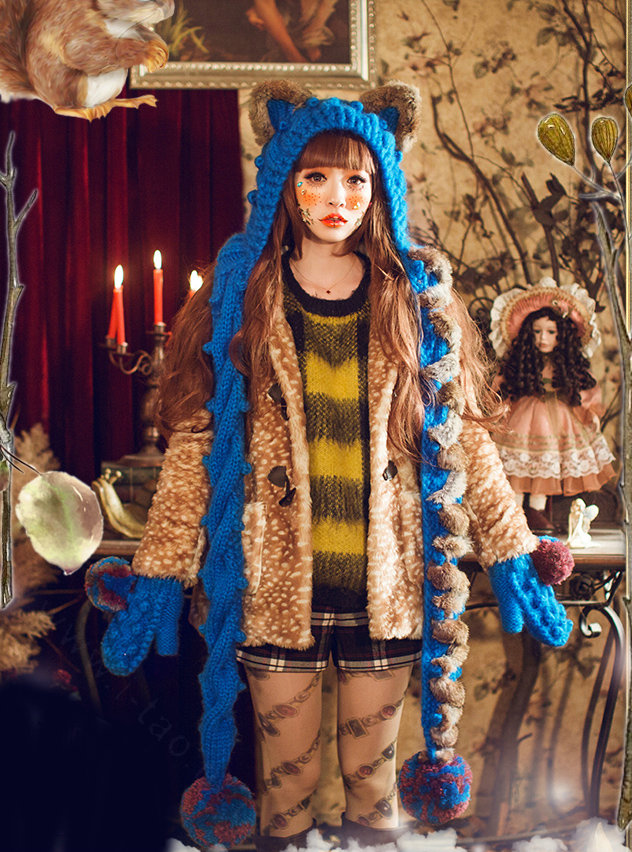 Retro Cat Ears Knitted Wool Caps Hats Women Long Rabbit Fur Ball Bib Hooded Scarf - Blue