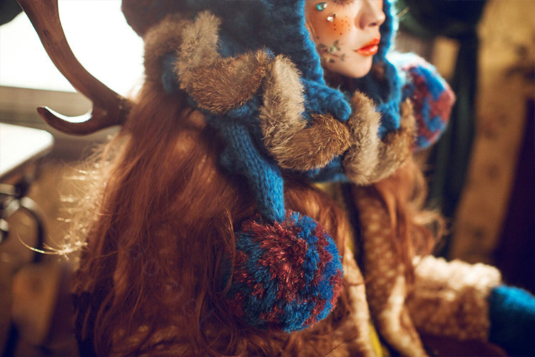 Retro Cat Ears Knitted Wool Caps Hats Women Long Rabbit Fur Ball Bib Hooded Scarf - Blue