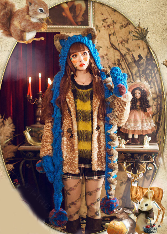 Retro Cat Ears Knitted Wool Caps Hats Women Long Rabbit Fur Ball Bib Hooded Scarf - Blue