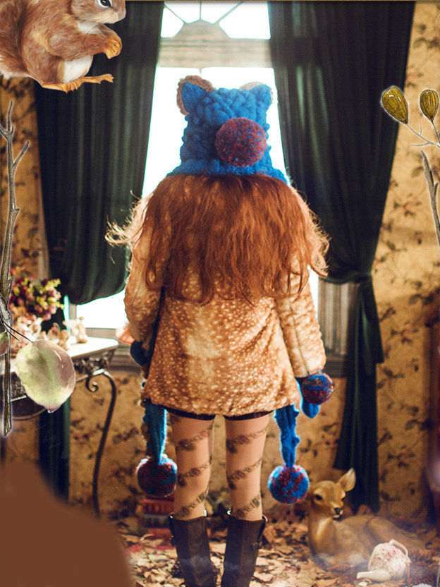 Retro Cat Ears Knitted Wool Caps Hats Women Long Rabbit Fur Ball Bib Hooded Scarf - Blue