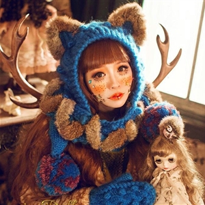 Retro Cat Ears Knitted Wool Caps Hats Women Long Rabbit Fur Ball Bib Hooded Scarf - Blue