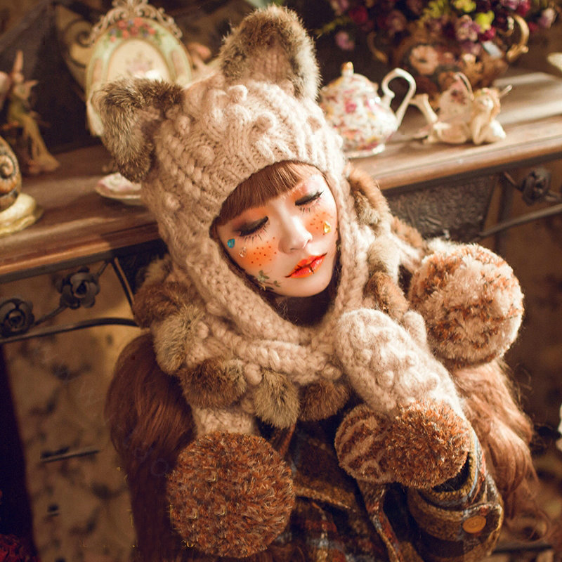 Retro Cat Ears Knitted Wool Caps Hats Women Long Rabbit Fur Ball Bib Hooded Scarf - Camel