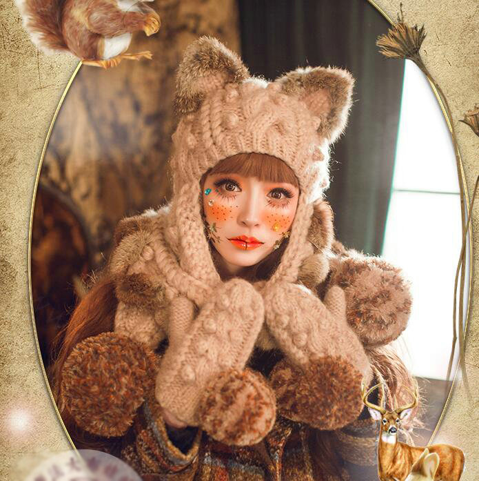Retro Cat Ears Knitted Wool Caps Hats Women Long Rabbit Fur Ball Bib Hooded Scarf - Camel