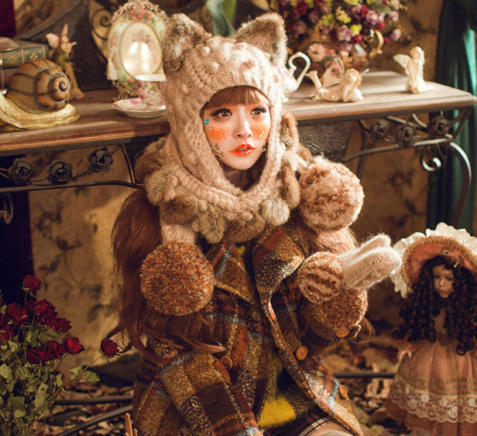 Retro Cat Ears Knitted Wool Caps Hats Women Long Rabbit Fur Ball Bib Hooded Scarf - Camel