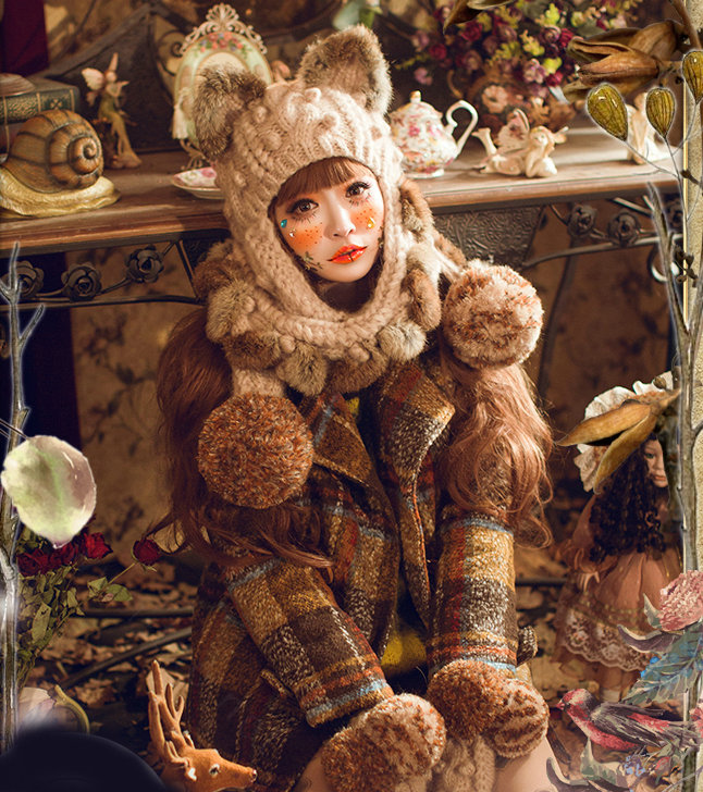 Retro Cat Ears Knitted Wool Caps Hats Women Long Rabbit Fur Ball Bib Hooded Scarf - Camel