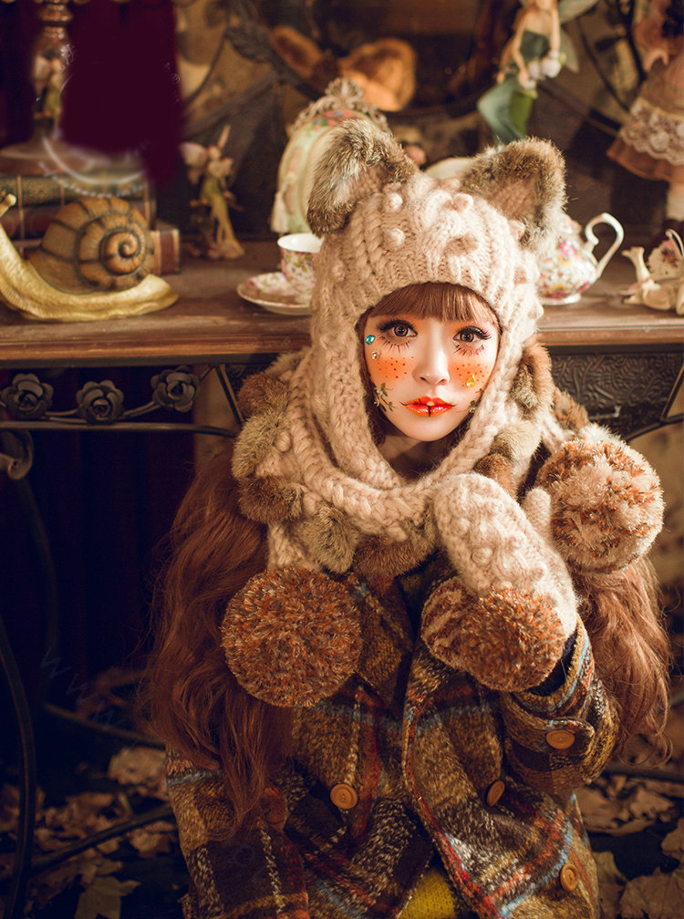 Retro Cat Ears Knitted Wool Caps Hats Women Long Rabbit Fur Ball Bib Hooded Scarf - Camel