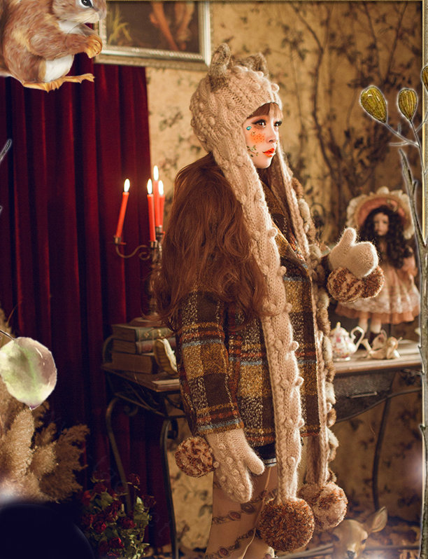 Retro Cat Ears Knitted Wool Caps Hats Women Long Rabbit Fur Ball Bib Hooded Scarf - Camel