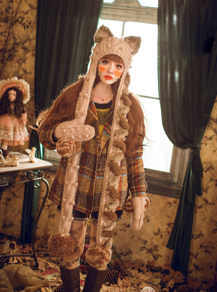 Retro Cat Ears Knitted Wool Caps Hats Women Long Rabbit Fur Ball Bib Hooded Scarf - Camel