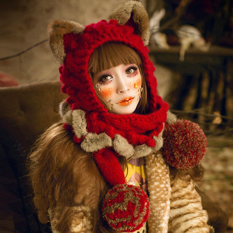 Retro Cat Ears Knitted Wool Caps Hats Women Long Rabbit Fur Ball Bib Hooded Scarf - Red
