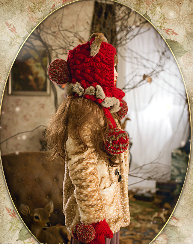 Retro Cat Ears Knitted Wool Caps Hats Women Long Rabbit Fur Ball Bib Hooded Scarf - Red