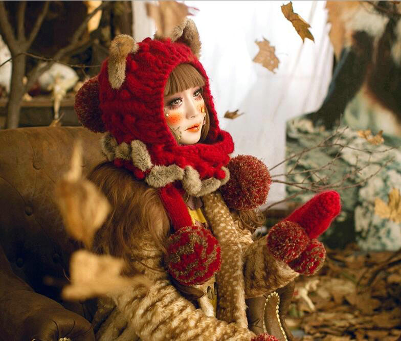 Retro Cat Ears Knitted Wool Caps Hats Women Long Rabbit Fur Ball Bib Hooded Scarf - Red