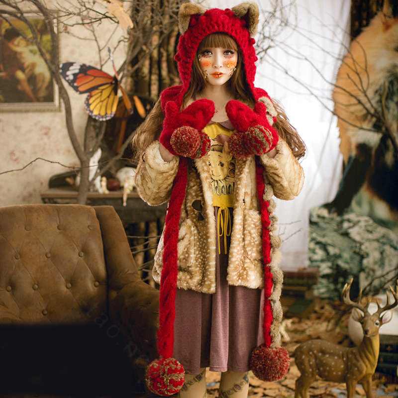 Retro Cat Ears Knitted Wool Caps Hats Women Long Rabbit Fur Ball Bib Hooded Scarf - Red