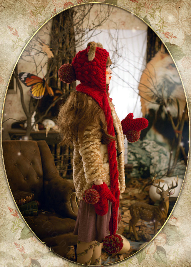 Retro Cat Ears Knitted Wool Caps Hats Women Long Rabbit Fur Ball Bib Hooded Scarf - Red