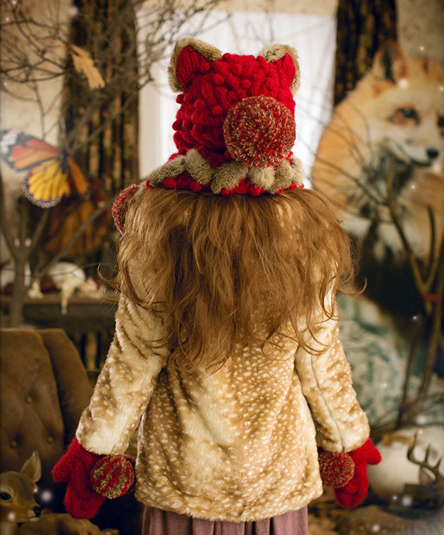 Retro Cat Ears Knitted Wool Caps Hats Women Long Rabbit Fur Ball Bib Hooded Scarf - Red