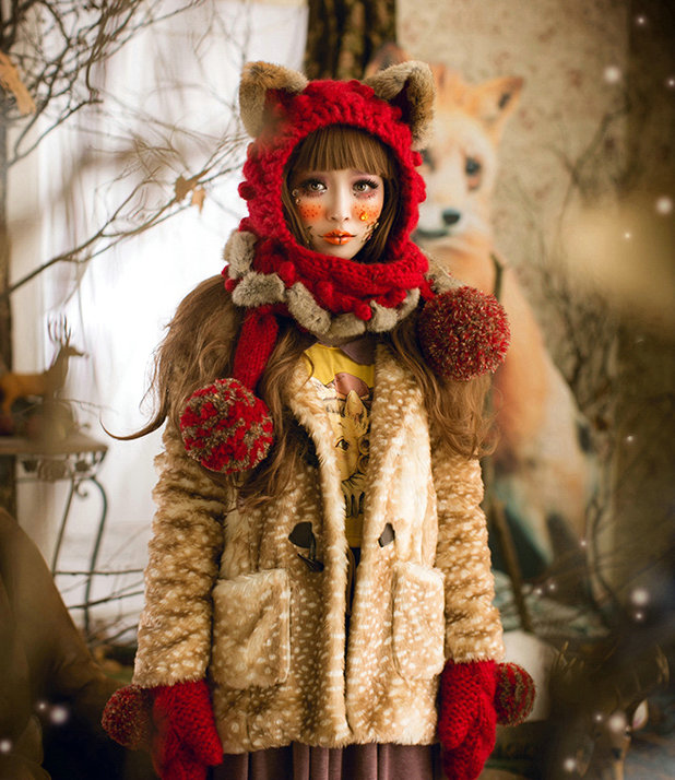 Retro Cat Ears Knitted Wool Caps Hats Women Long Rabbit Fur Ball Bib Hooded Scarf - Red